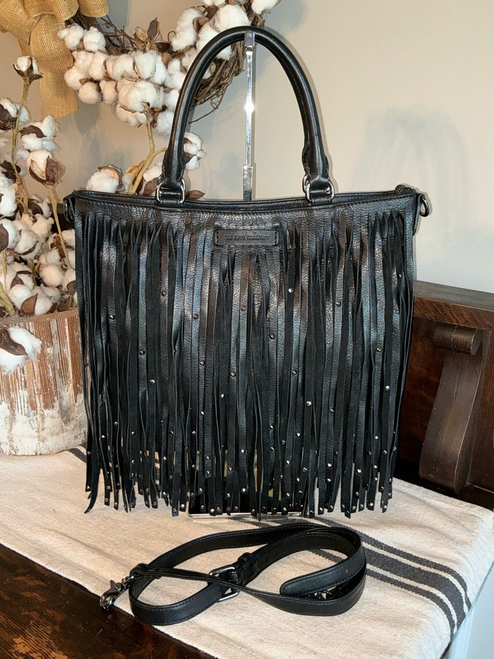 Frye Italian Leather Heidi Studded Fringe Tote Crossbody Black Retail $458 - Picture 1 of 12